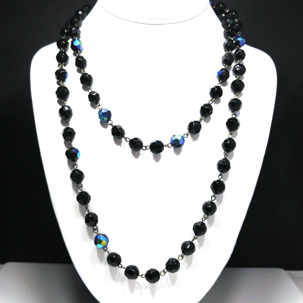 Long Black Crystal Beaded Necklace, Aurora Borealis, No Clasp, 1970s Vintage